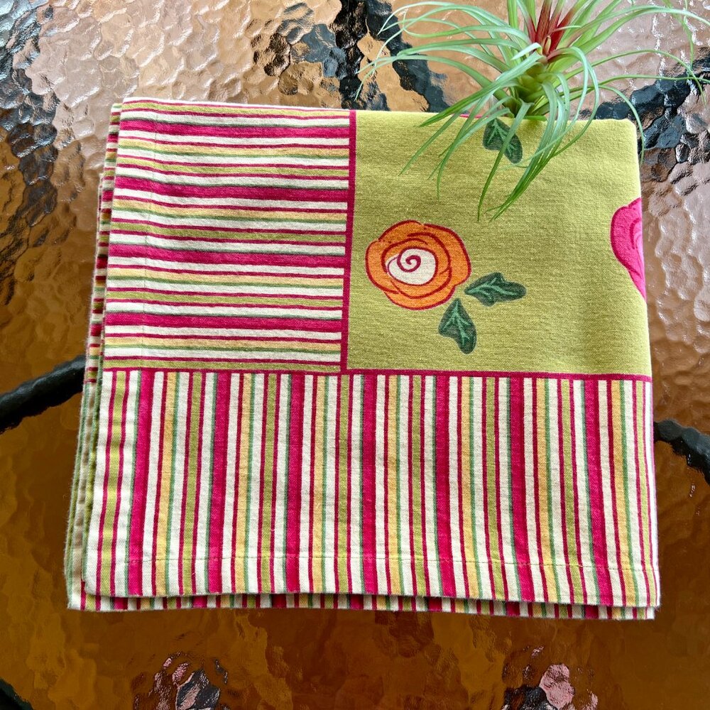 SALE!  Gorgeous Green Floral Tablecloth with Stripe Border
